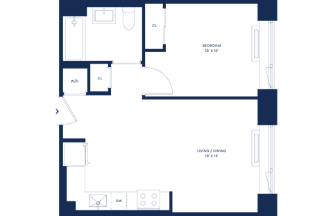 Floor plan for 1 bed, 1 bath, 581 sqft